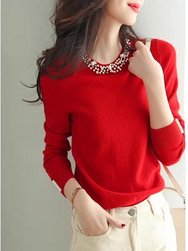 2026 Autumn/Winter Women's Elegant European Style Round Neck Beaded Knit Sweater