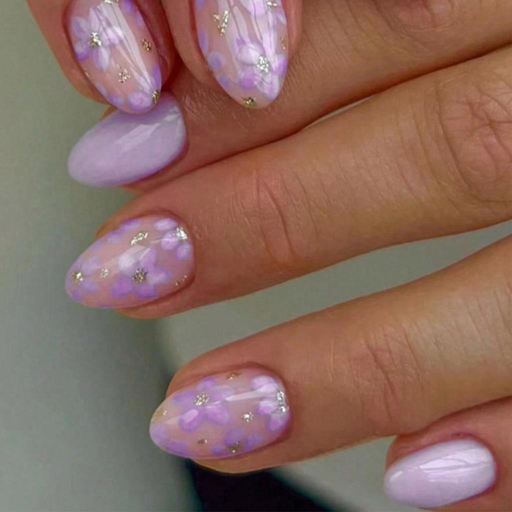 24pcs Oval Flower Nail Tips, Short Design, Acrylic Fake Nails Set Floral & French Manicure, Suitable For Women And Girls Nail Art Supplies