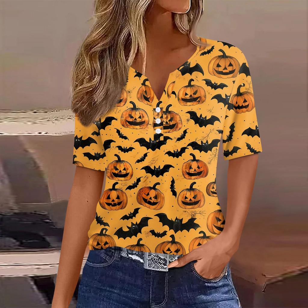 Women's T Shirt Halloween Print Button Short Sleeve Daily Weekend Fashion Basic V- Neck Regular Top