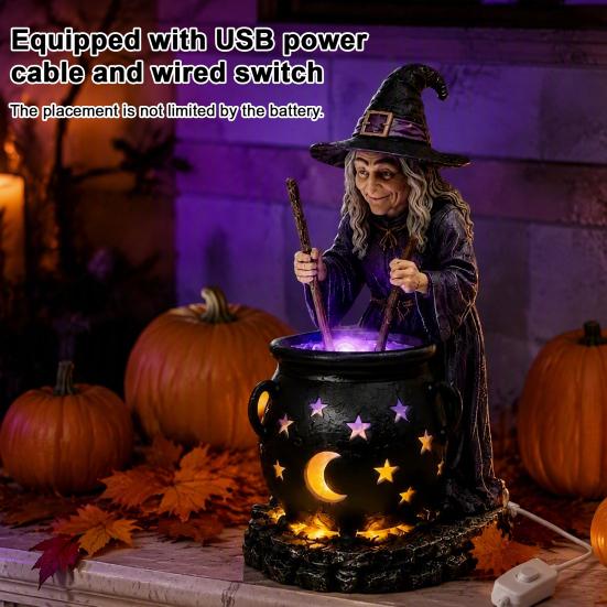 LED Witch Cauldron Light Halloween Statue with Glowing Cauldron, USB Powered Resin Black Lighted Lamp Pot Figurine Green/Purple for Party Home