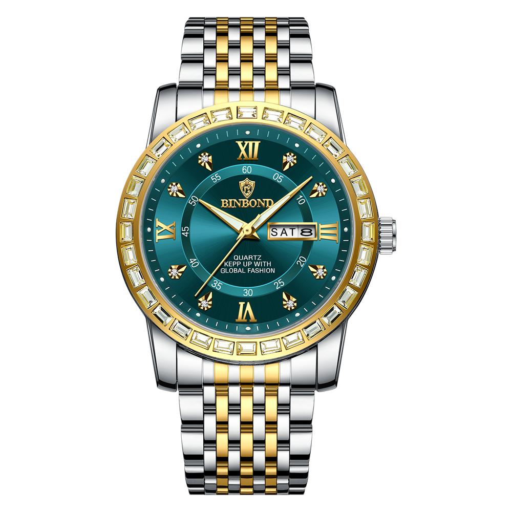 Fashionable Binbond Men Watch Trendy Business Diamond Inlaid Dual Calendar Waterproof Luminous Quartz Watch Watches For Man