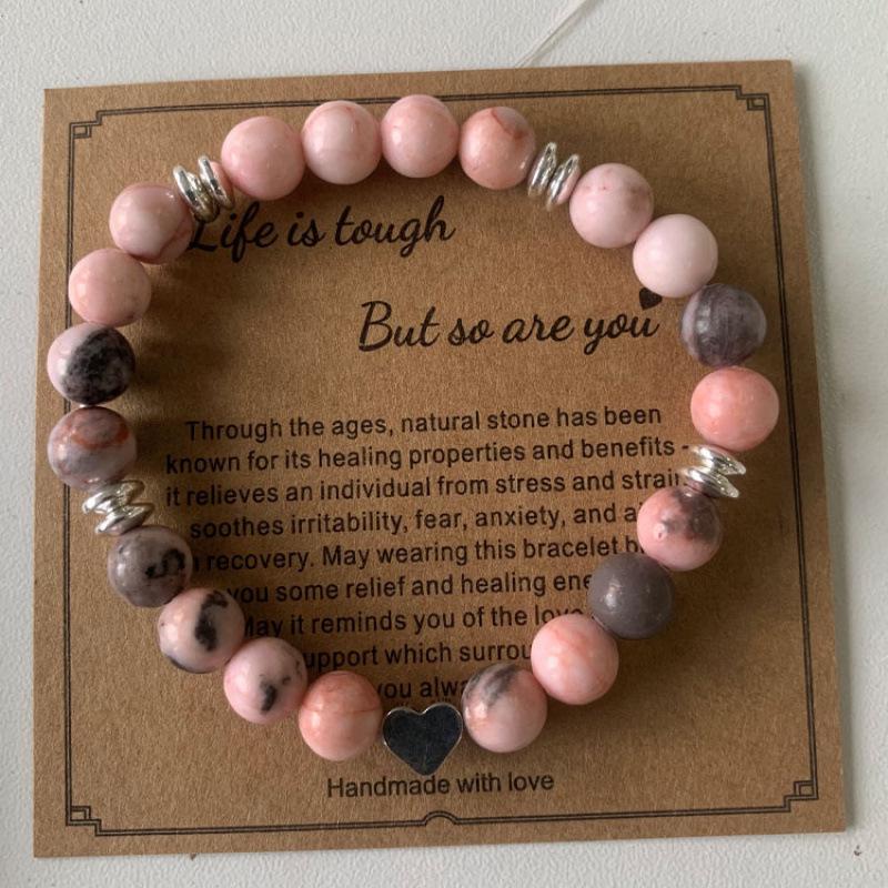 8mm Pink Zebra Stone Bead Bracelet with Gift Card: Perfect Holiday Friendship & Love Gift for Men & Women