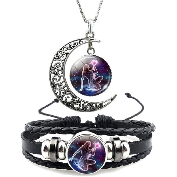 12 Zodiac Constellation Necklace Bracelet Time Gemstone Horoscope Astrology Moon Crescent Necklace for Women Men Birthday Gift Jewelry