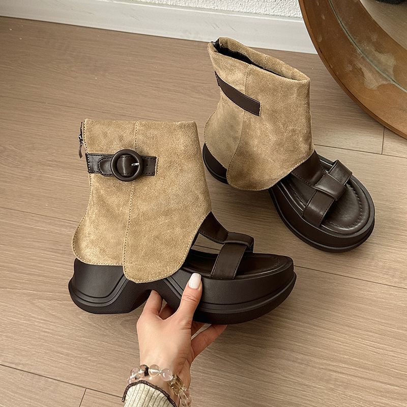Fashion Women's Fashion Retro Design Open Toes Casual Cool Boots 2025 Summer New Comfortable Versatile Thick Soled Clip Toes Short Boots