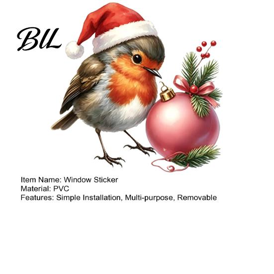 Easy Apply Window Clings Christmas Bird Cling, Static Sticker with Santa Hat And Bauble, Removable Glass Stickers Waterproof UV-Resistant Decal