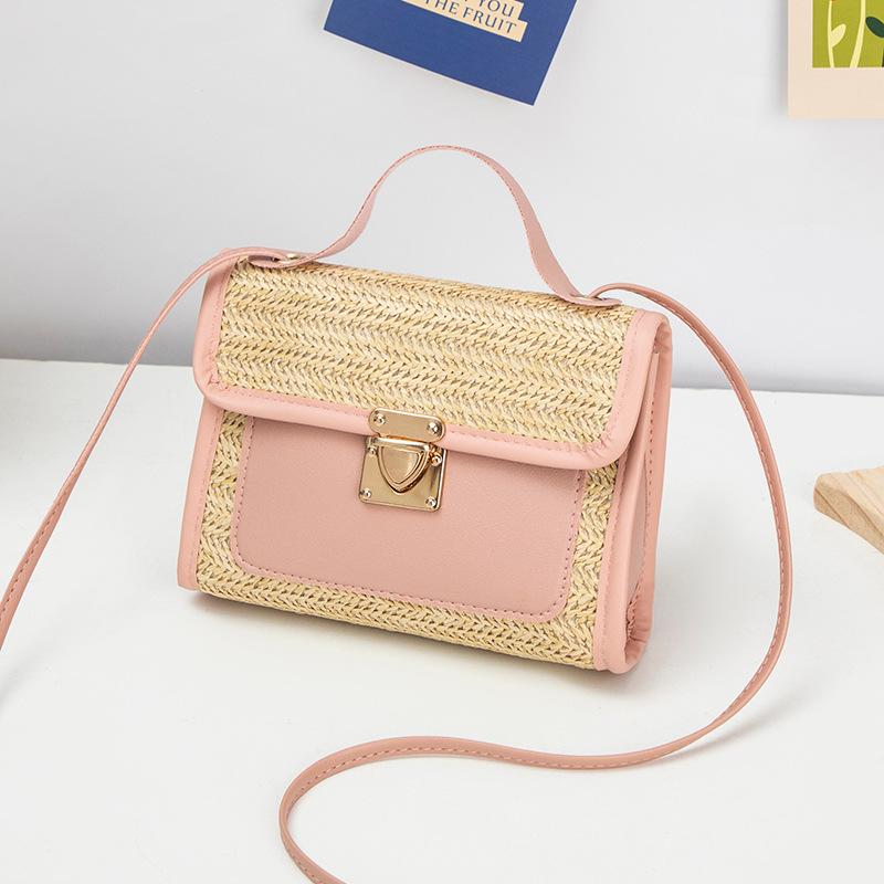 Pastoral literary and fresh contrasting colors woven shoulder bag fashionable versatile girls portable messenger bag lock mobile phone bag