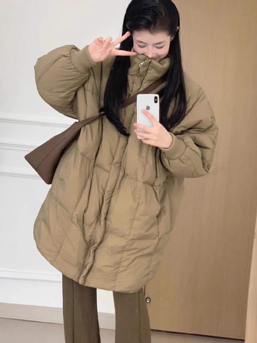 

New down padded clothes women s winter medium and long padded jackets loose over the knee thickened padded jackets trendy L хаки