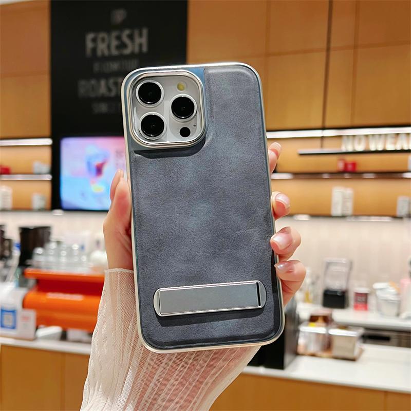 Luxus-Plating-Leder-Hülle mit verstecktem Metallhalter für iPhone 15 14 13 12 11 Pro Max Plus 15Pro 14Pro IPones-Ständer Stoßfeste Abdeckung