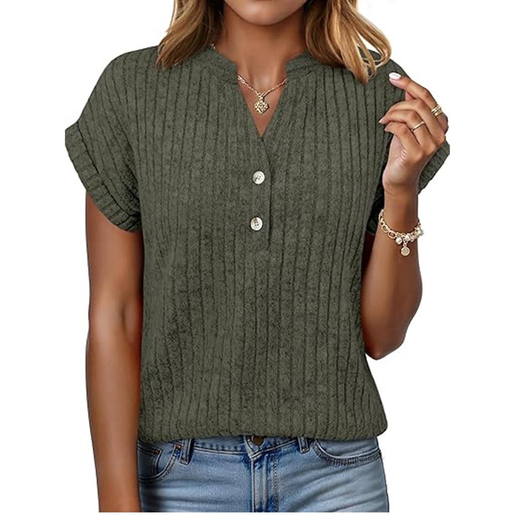 Women's Casual Fashion New Short,Sleeved Button,Up V,Neck Top