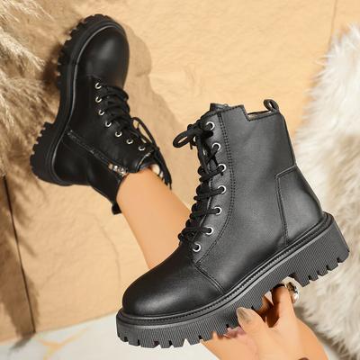 Fashion Women Boots Comfy Low Heels Leather Shoes Fashion Lace Up Platform Combat Shoes Woman Winter Warm Short Plush Ankle Boots Women