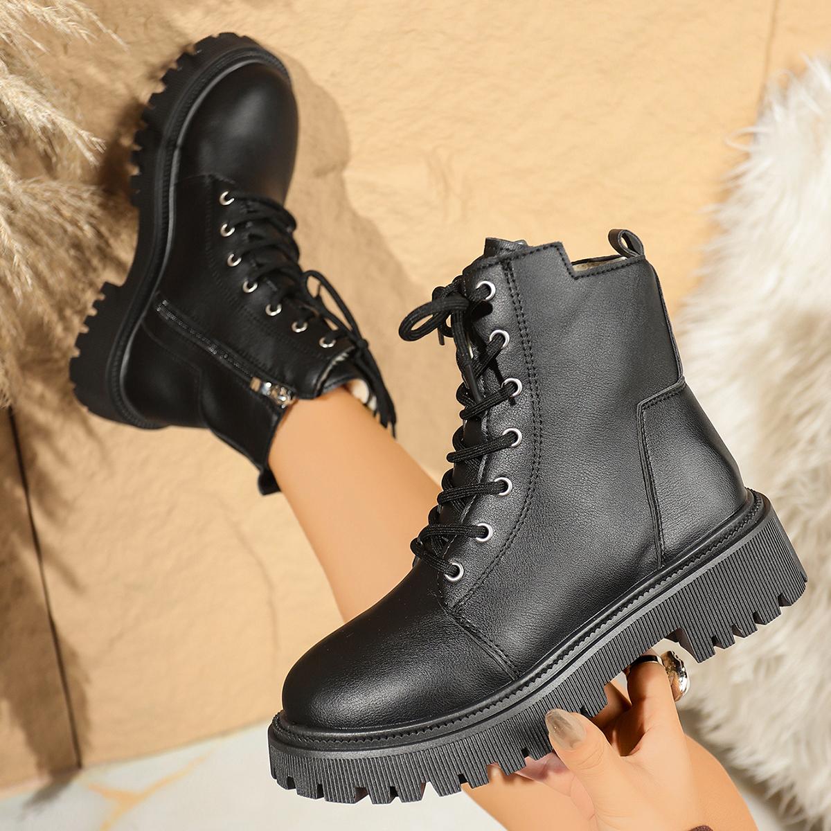 

Модная зимняя теплая короткая плюшевая обувь до щиколотки Женская модная обувь на платформе на шнуровке и молнии Боевые ботинки Женская удобная обувь на низком каблуке Zapatos De Mujer 35 чёрный
