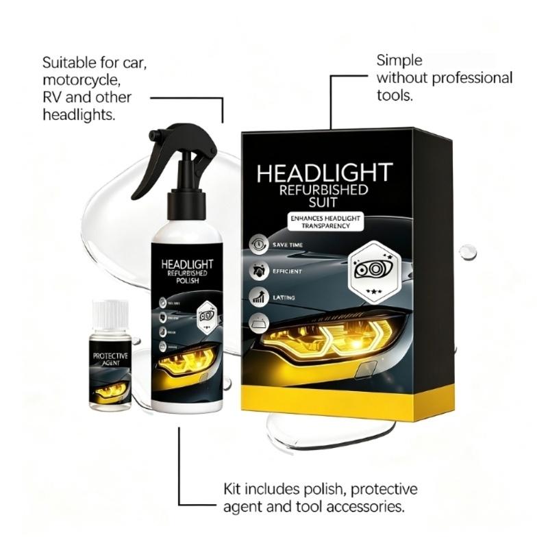 Vehicle Headlight Polish and Protective Restoration Kit, Lens Appearance Care with Pump Mist, Sponge and Microfiber-Style Cloth for Daily Use