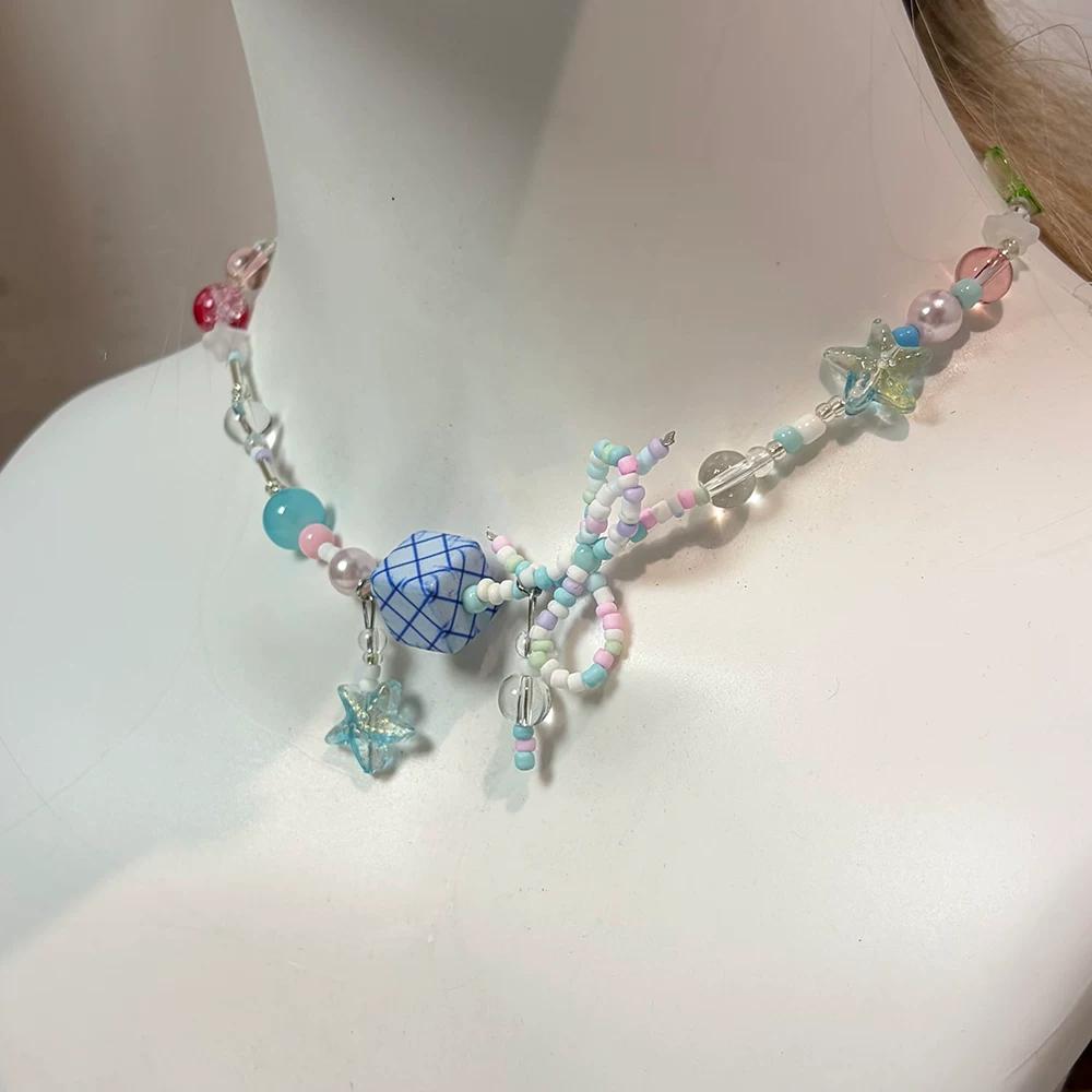 2026 Trendy Handmade Beaded Colorful acrylic Bowknot Star Pendant Necklace For Women Summer Y2k Sweet Aesthetic Neck Jewelry