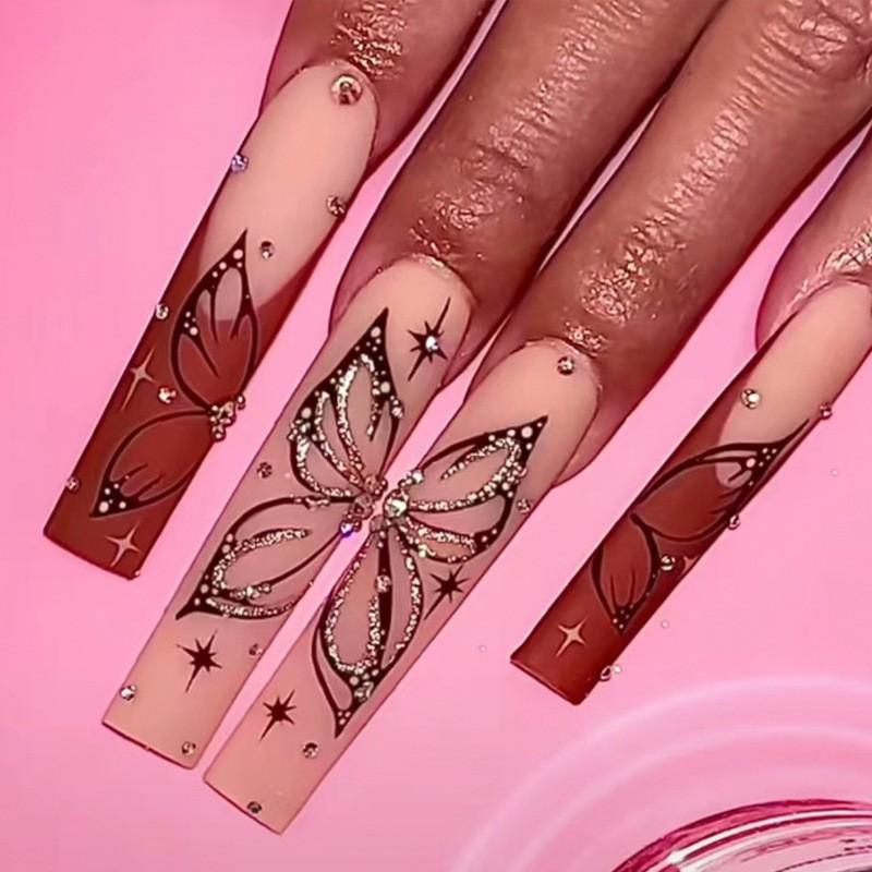 Long French Style Butterfly Nail Tips With Glitter Rhinestones - Press-On Nails Women Gel Adhesive Jelly Glue Options