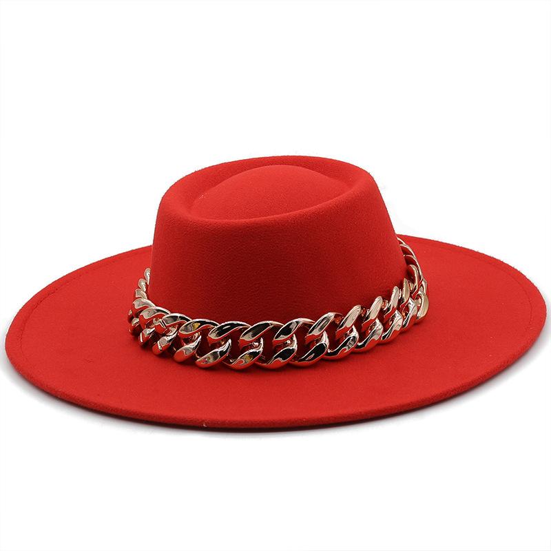New retro ethnic style. Eaves wool woolen felt hat concave and convex top men's and women's top hats, big eaves thick gold chain hat