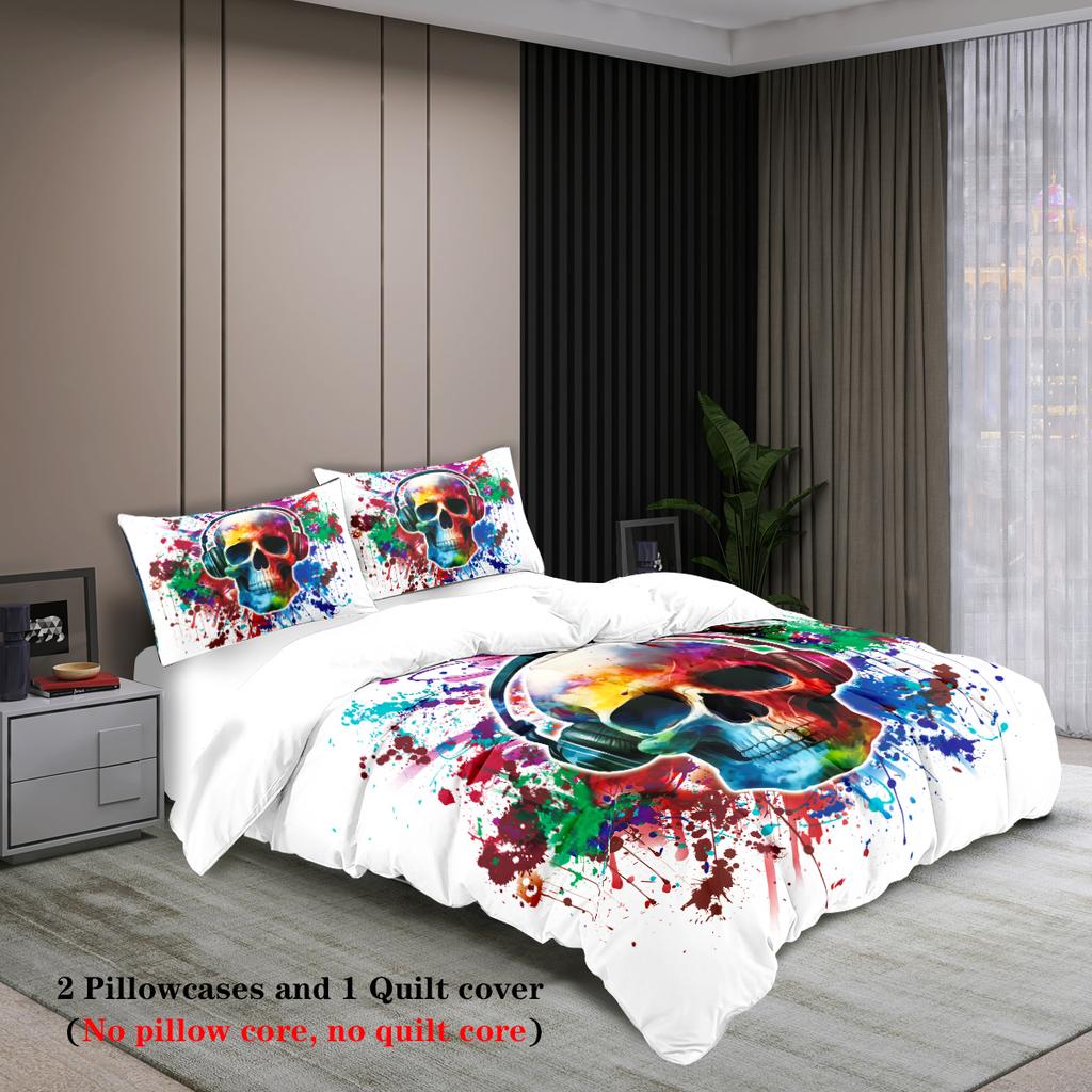 3-piece down duvet cover with skull pattern print (1 duvet cover+2 pillowcases, no core) gradient soft bedding set