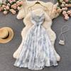 Women Floral Spaghetti Strap Dress Elastic Ruched Sexy Hollow Backless Party Dress Summer Boho Vacation Beach Sundress