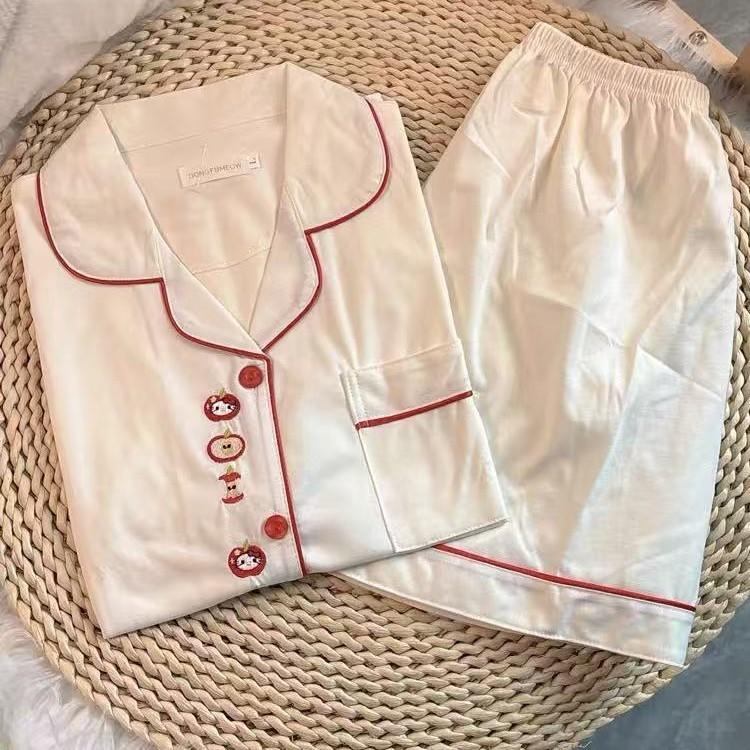 

Japanese sweet apple Hello Kitty red edge pajamas summer short sleeved shorts cardigan two-piece set can be worn outside loungewear S