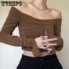Spring Fall Vintage Sexy Slim T-Shirts Women Harajuku Kawaii Solid Tops Gilr's Korean Fashion Casual Off Shoulder Blouses