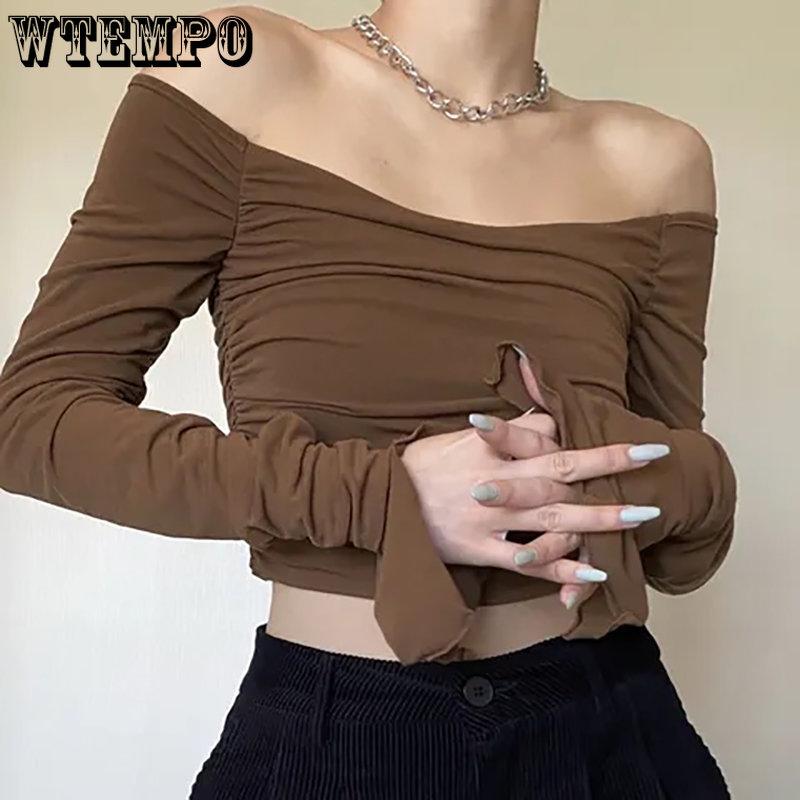 Spring Fall Vintage Sexy Slim T-Shirts Women Harajuku Kawaii Solid Tops Gilr's Korean Fashion Casual Off Shoulder Blouses