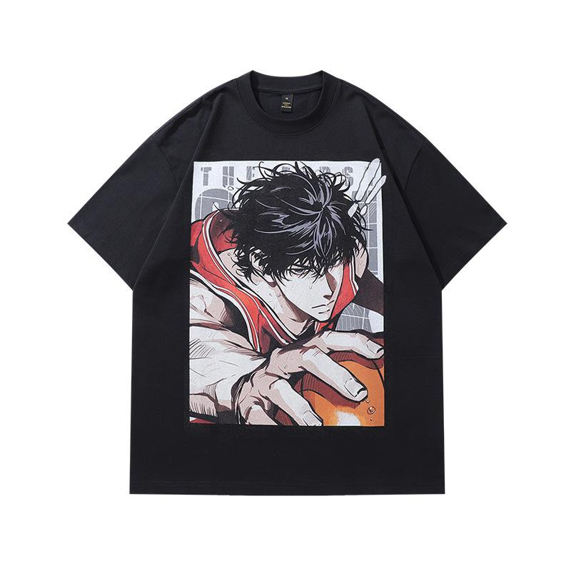 Japanese Cartoon Printed Hiphop Heavy Washed Old Short-Sleeved T-Shirt Men'S And Women'S Hip-Hop Retro Half-Sleeved Tee