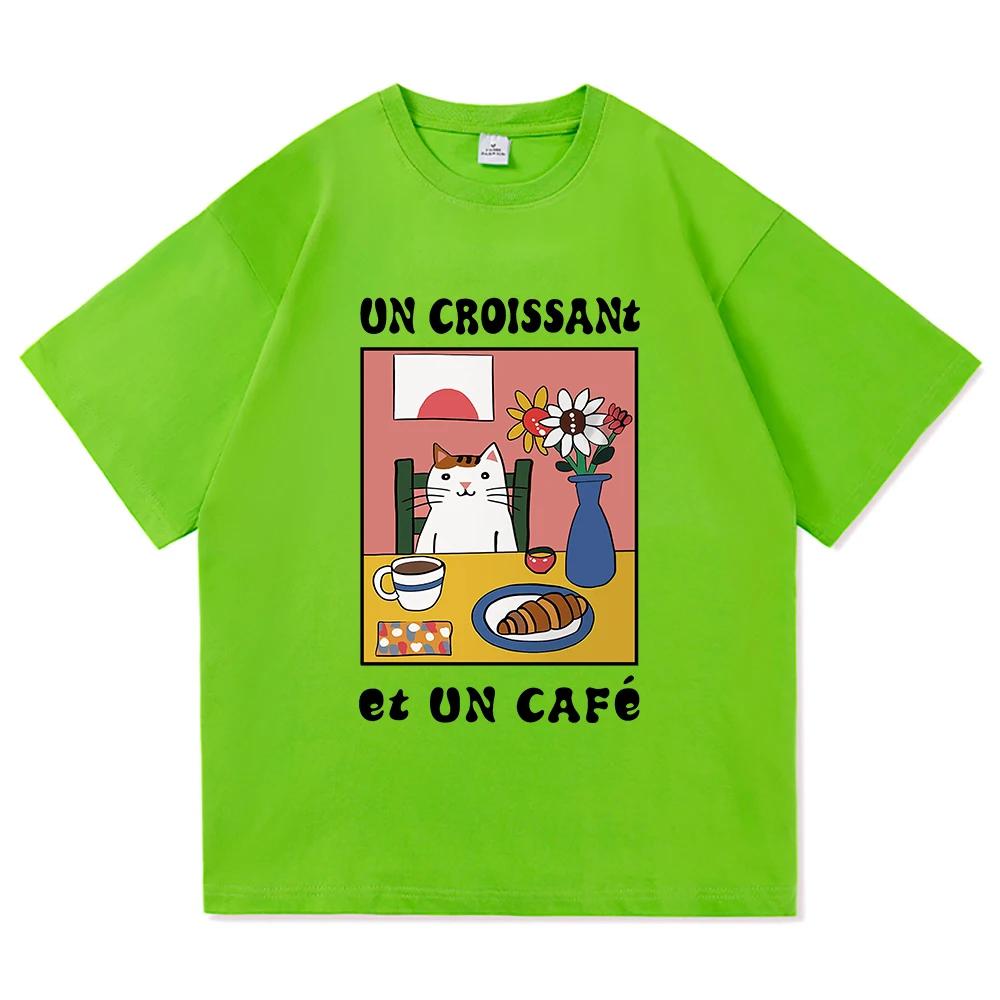 French Cafe Cat T Shirt Fashion Women Summer Funny Letter Un Croissant Et Un Cafe Tshirt High Quality Casual Cotton Tees Shirts