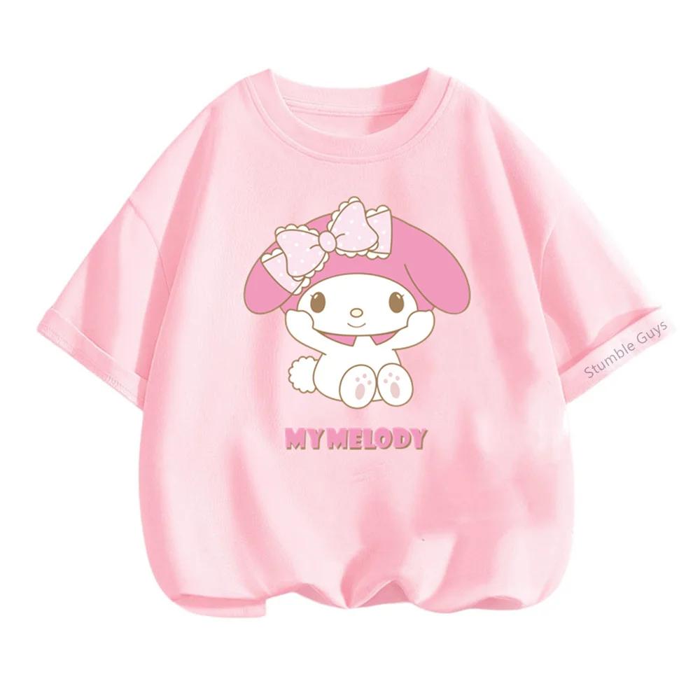 Kawaii My Melody Sanrio Short Sleeve T-shirt 3-14Y Kids Summer Casual Tops Boys Clothes Girls