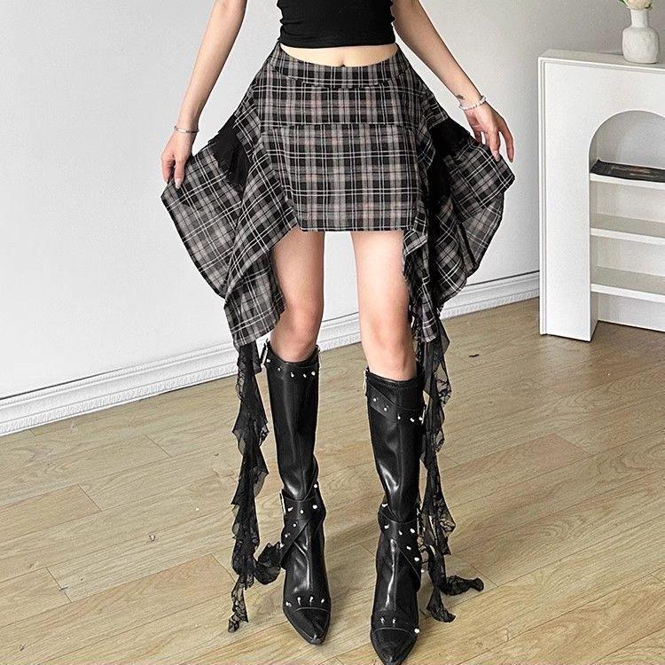 Women's High-Waisted Plaid Skirt - Retro Fashion, Flowy Belted Design, Slimming Irregular Hem