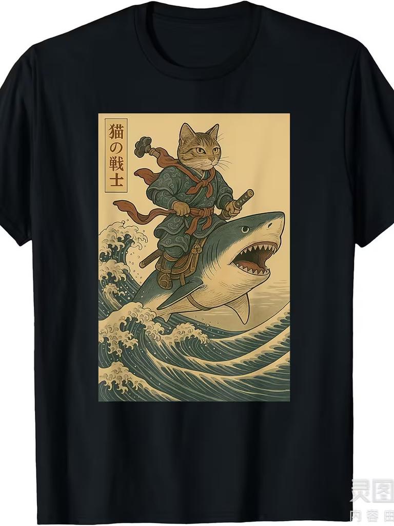 Vintage Anime Katze Japanisch Lustige Katze reitet auf Hai Männer Frauen T-Shirt