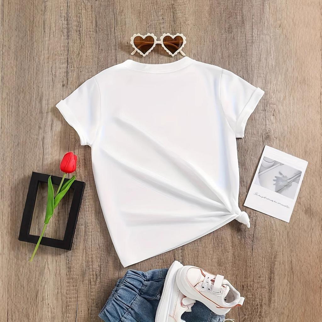 Girls' Casual Dreamy Blue Butterfly Pattern T-shirt for Summer, Children's Fashionable Short-sleeved T-shirt