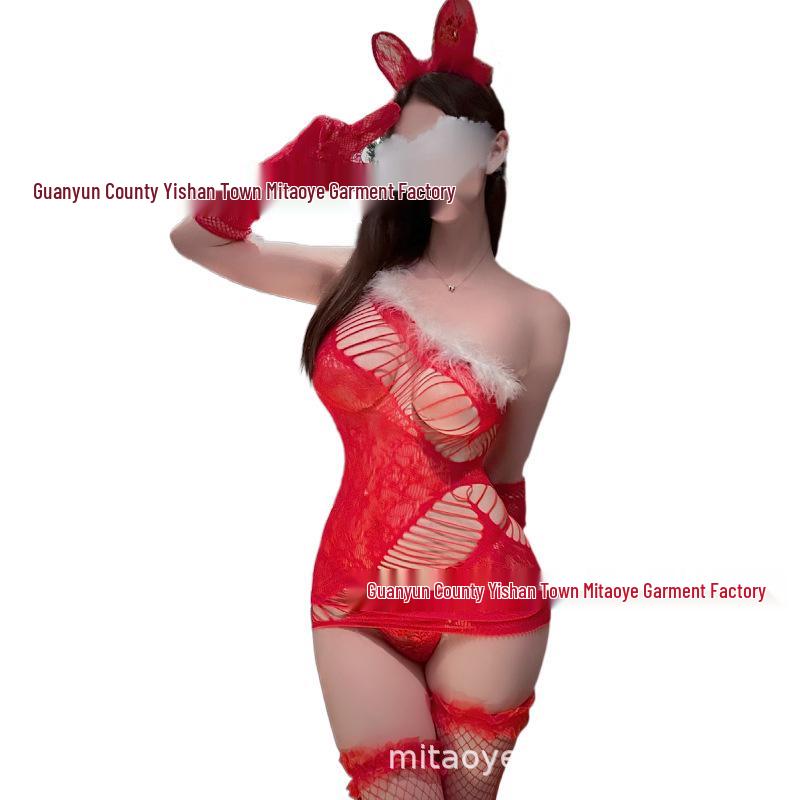 One-Shoulder Red Plush Christmas Bodycon Dress with Sheer Mesh Detail