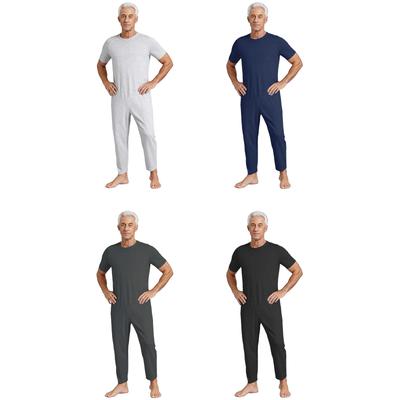 Mens Special Needs Jumpsuit Solid Color Round Neck Short Sleeve Back Zip Up Adaptive Clothing Easy Wear