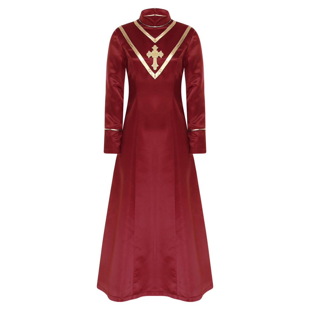 Tuniche da Sacerdote Clerico Ricamate con Croce Manica Lunga Zip Posteriore Lunga