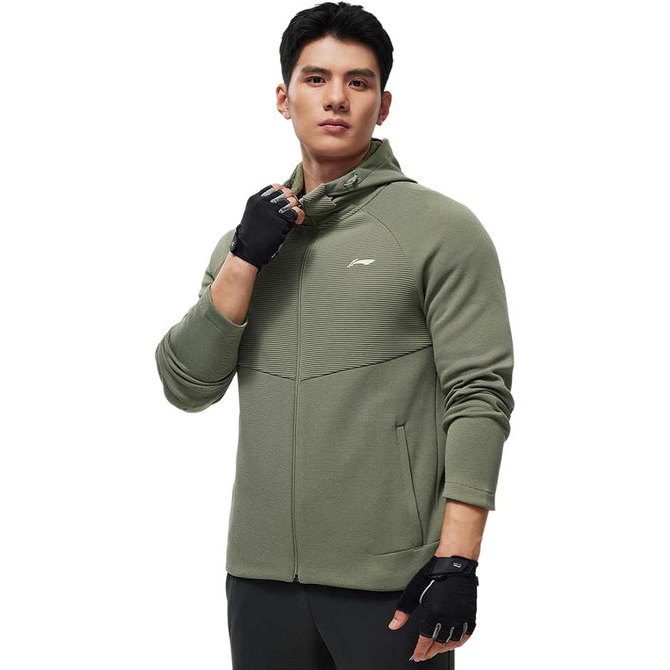 Li Ning Fitness Series Solid Color Outdoor Casual Sports Zipper Hooded Fleece Long Sleeve Jacket Men Jackets Mixed-Color Smoke-Green AWDU069-3