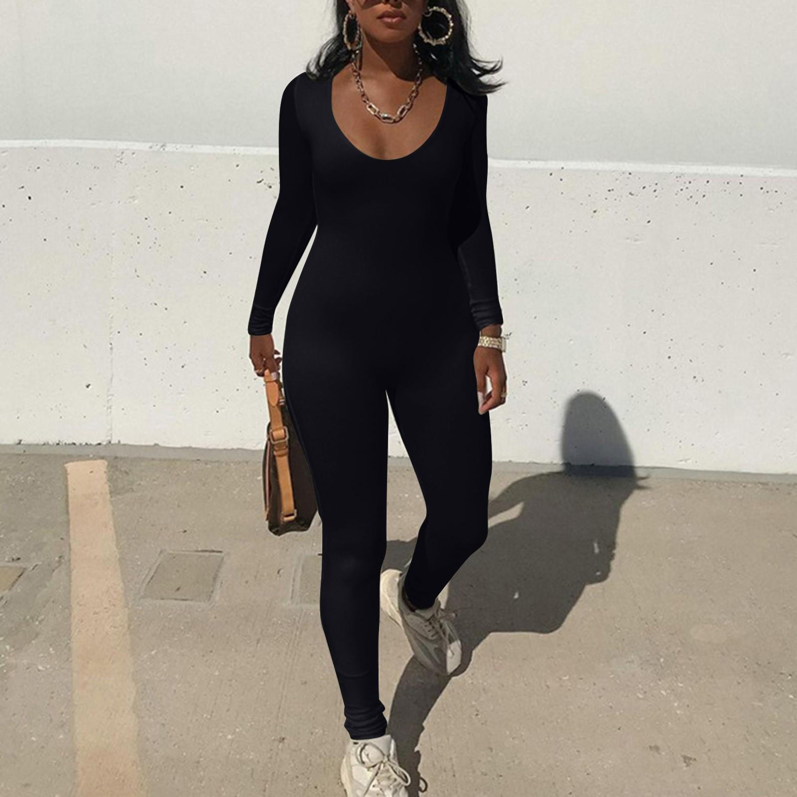 

Женский комбинезон, однотонный сексуальный облегающий эластичный спортивный комбинезон с длинными рукавами M чёрный