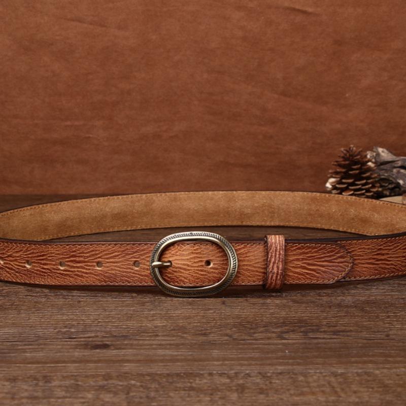 Women's Genuine Leather Engraved Copper Buckle First Layer Cowhide Casual Personality Retro Denim Thin Belt