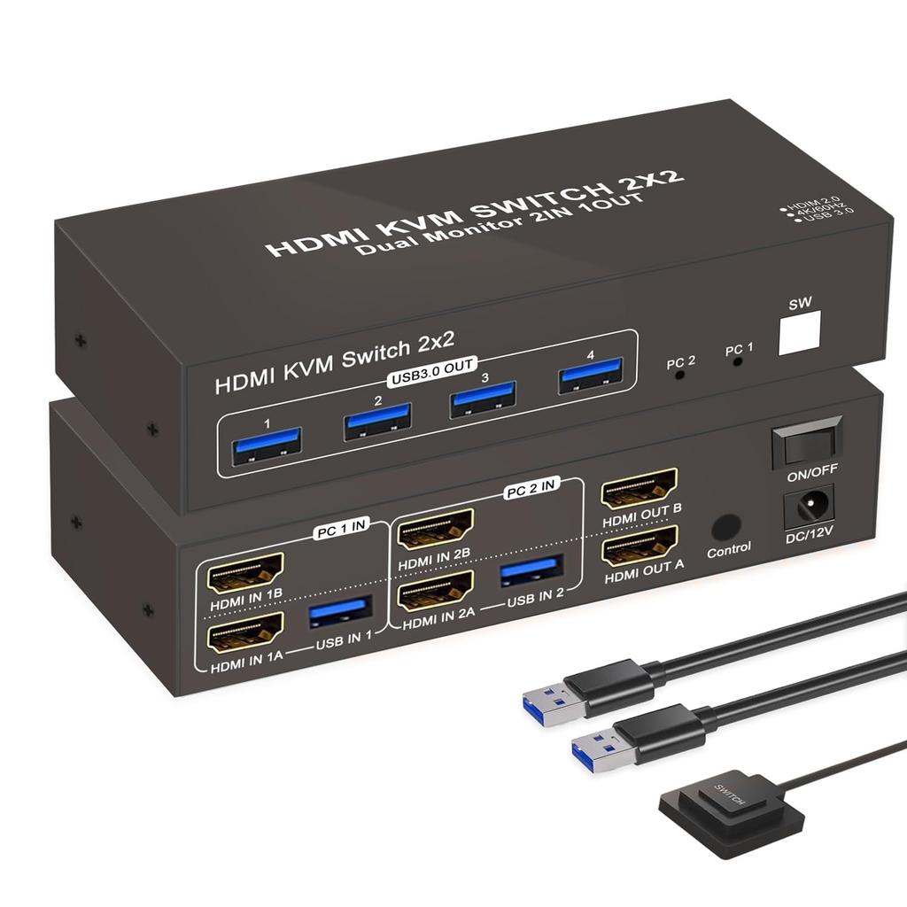 HDMI KVM Switcher 2PC 2 Monitors Simultaneous Output KVM Switch SW220S 4K 60Hz PC Switch KVM Switcher Hub 2 Monitors Share Selector 4USB Ports