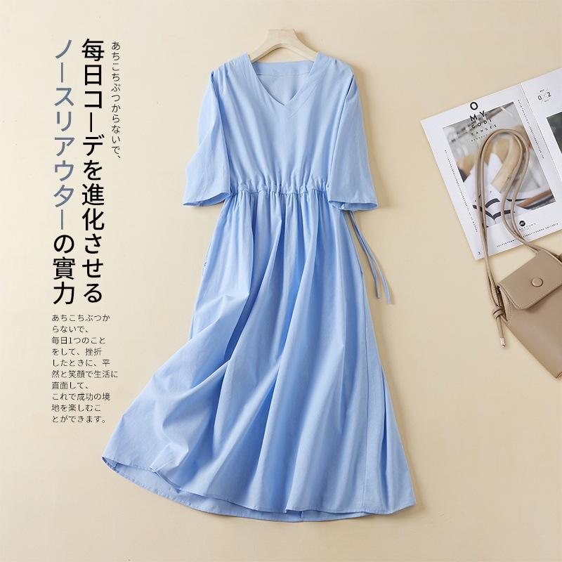 

2025 summer new jacquard cotton and linen dress women s blue white v-neck short sleeve simple temperament long skirt 2XL светло-синий