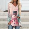 Ladies' Fashionable Casual Christmas Printed T-shirt Long Sleeved V-neck Mid Length Top