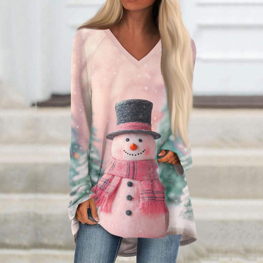 Ladies' Fashionable Casual Christmas Printed T-shirt Long Sleeved V-neck Mid Length Top