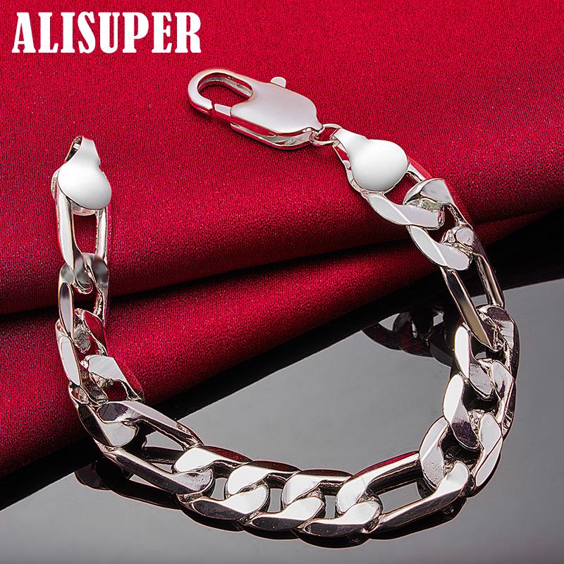 925 Sterling Silver 12mm Side Chain Bracelet Jewelry