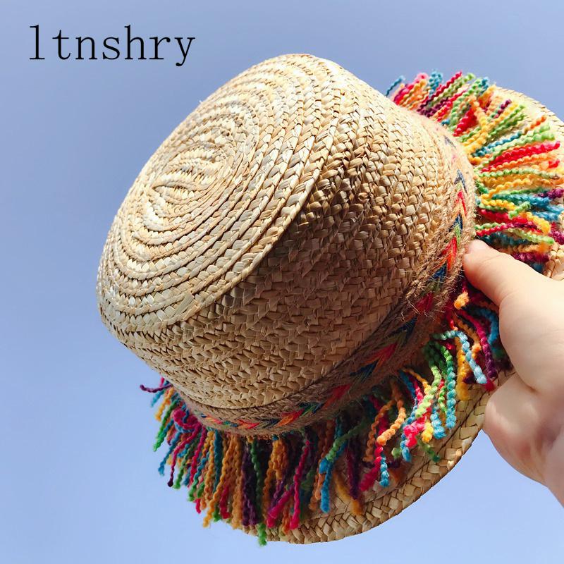 

Summer Parent-child sun hat Visor Tassel Beach Straw Hat Rainbow Children Outdoor Sun Caps Women Boho Ethnic Handmade Cap child 48-52cm