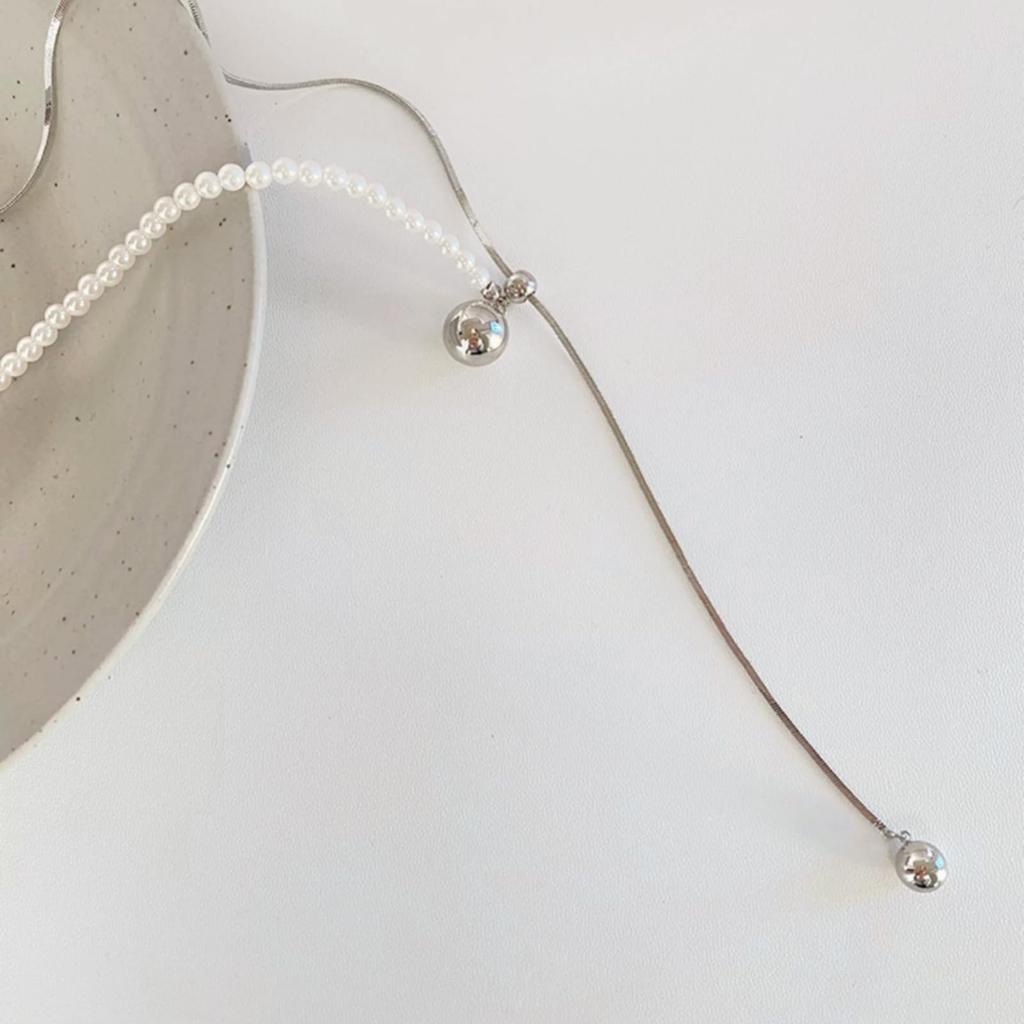 Naszyjnik Długi Naszyjnik Perła Popularny Złoty Srebrny Hipoalergiczny Prosty i Piękny [Moonstan] Damski (Srebro)