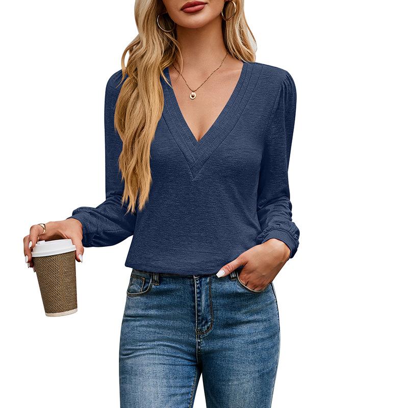 Autumn and Winter Women's Blouse Multi-Layered V-Neck Solid Colour Long Sleeve Tops