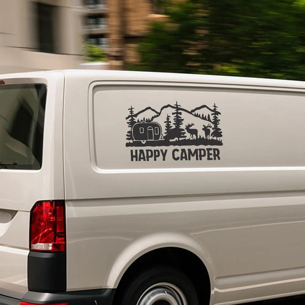 Happy Camper Mountain Camping Tree Car Sticker for Van Motovan Motorhome Caravan Vinyl Decoration Decals Auto Tuning Accessories