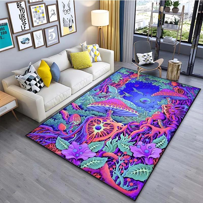 Fantasy Forest Mushroom Pattern Area Rug for Living Room Bedroom Bedside Non-Slip Floor Mat Nature-Inspired Home Decor