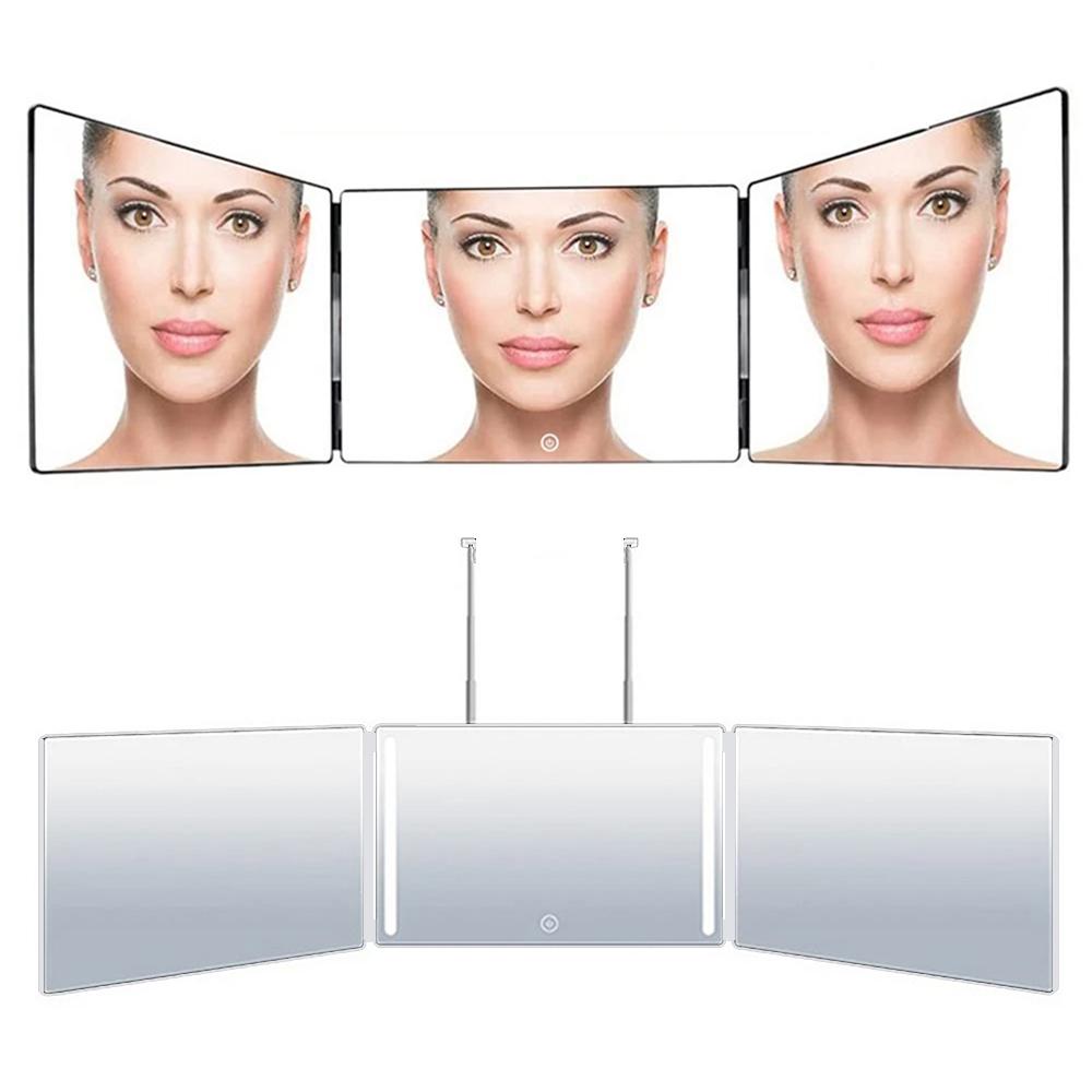 

Tri-fold Mirror 360-Degree View 3-Sides Retractable Barber Mirror with LED Light for DIY Hairstyle White
