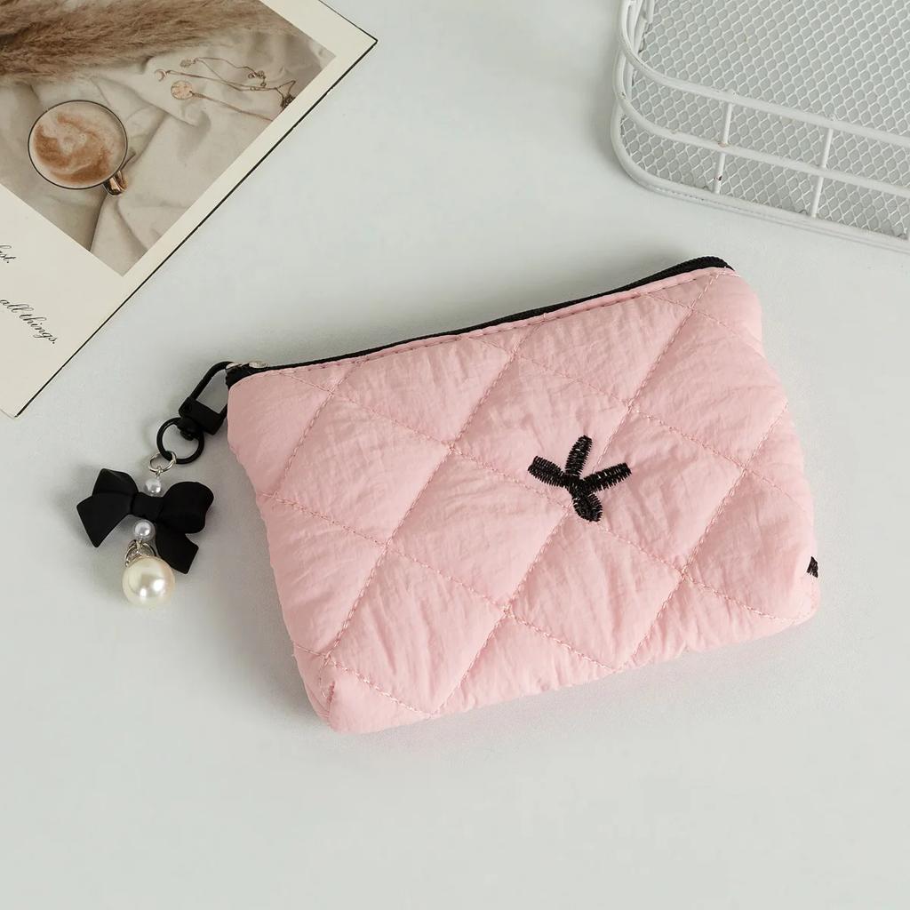 Cute Makeup Pouch for Lipstick Earphones Sanitary Napkin Tampon Storage Bag Wallet Quilted Bow Cosmetic Bag with Bow Pendant
