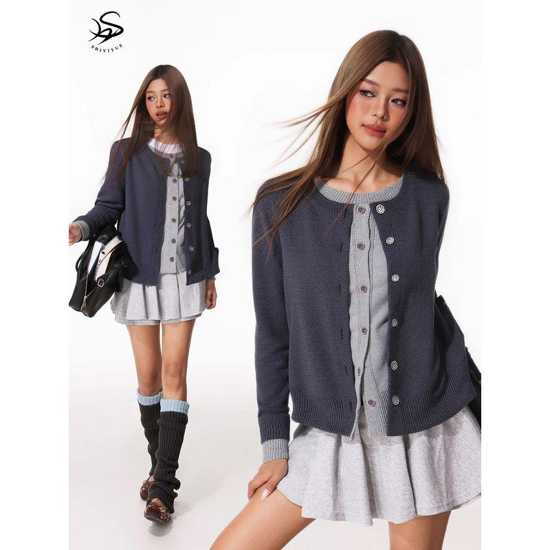 Shiyiyue Fake Two-Piece Color-Blocked Knitted Cardigan for Women, Autumn Casual Lazy Style, Regular Shoulder, Round Neck, Long Sleeve Jacket