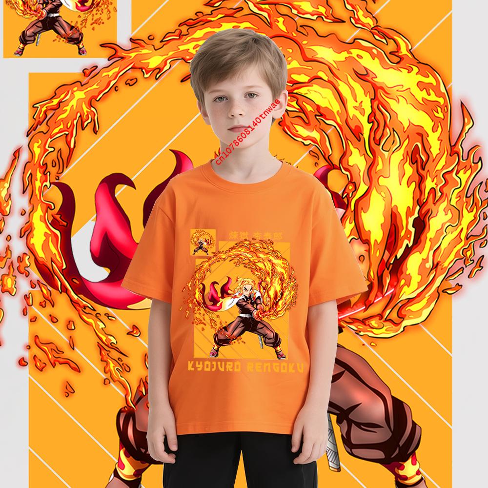 Boys Anime Kimetsu no Yaiba Tshirt Kyojuro Rengoku Print Cotton Tee Kids Lightweight Short Sleeve Top Casual Comfortable Wear